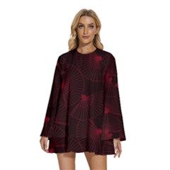 Folding Fan Seamless Pattern Round Neck Long Sleeve Bohemian Style Chiffon Mini Dress