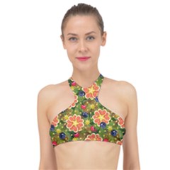 Fruits Star Blueberry Cherry Leaf High Neck Bikini Top by Pakemis