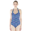 Floral Asia Seamless Pattern Blue Halter Swimsuit View1