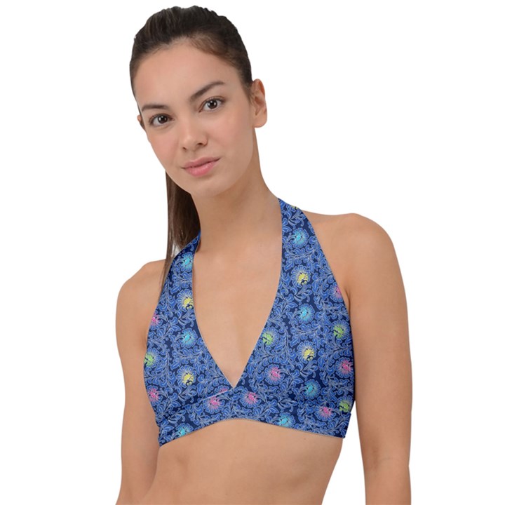 Floral Asia Seamless Pattern Blue Halter Plunge Bikini Top