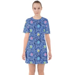 Floral Asia Seamless Pattern Blue Sixties Short Sleeve Mini Dress by Pakemis