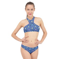 Floral Asia Seamless Pattern Blue High Neck Bikini Set by Pakemis