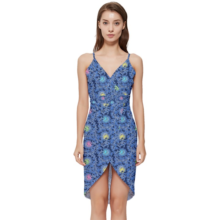 Floral Asia Seamless Pattern Blue Wrap Frill Dress