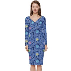 Floral Asia Seamless Pattern Blue Long Sleeve V-neck Bodycon Dress  by Pakemis