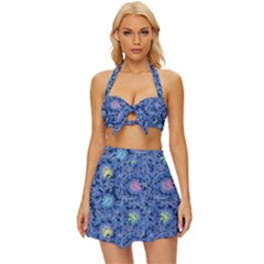 Floral Asia Seamless Pattern Blue Vintage Style Bikini Top And Skirt Set  by Pakemis