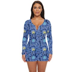 Floral Asia Seamless Pattern Blue Long Sleeve Boyleg Swimsuit