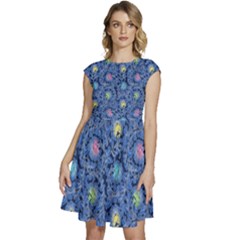 Floral Asia Seamless Pattern Blue Cap Sleeve High Waist Dress by Pakemis