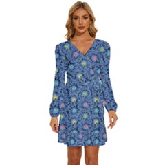 Floral Asia Seamless Pattern Blue Long Sleeve Waist Tie Ruffle Velour Dress by Pakemis