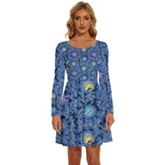 Floral Asia Seamless Pattern Blue Long Sleeve Wide Neck Velour Dress by Pakemis