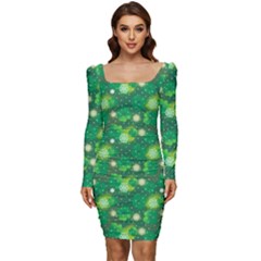 Leaf Clover Star Glitter Seamless Women Long Sleeve Ruched Stretch Jersey Dress by Pakemis