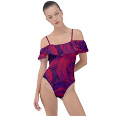 Roses Red Purple Flowers Pretty Frill Detail One Piece Swimsuit by Ravend