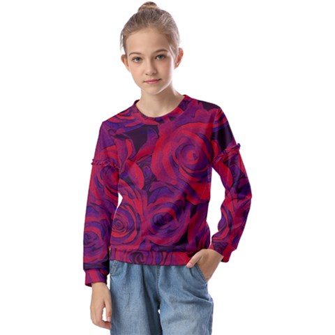 Roses Red Purple Flowers Pretty Kids  Long Sleeve Tee With Frill  by Ravend