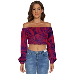 Roses Red Purple Flowers Pretty Long Sleeve Crinkled Weave Crop Top