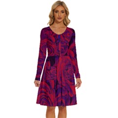 Roses Red Purple Flowers Pretty Long Sleeve Dress With Pocket