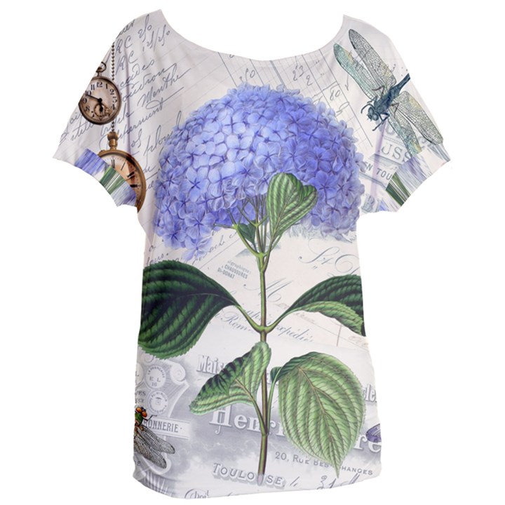 Blue Hydrangea Flower Painting Vintage Shabby Chic Dragonflies Women s Oversized Tee