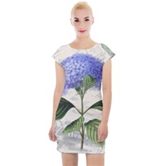 Blue Hydrangea Flower Painting Vintage Shabby Chic Dragonflies Cap Sleeve Bodycon Dress by danenraven