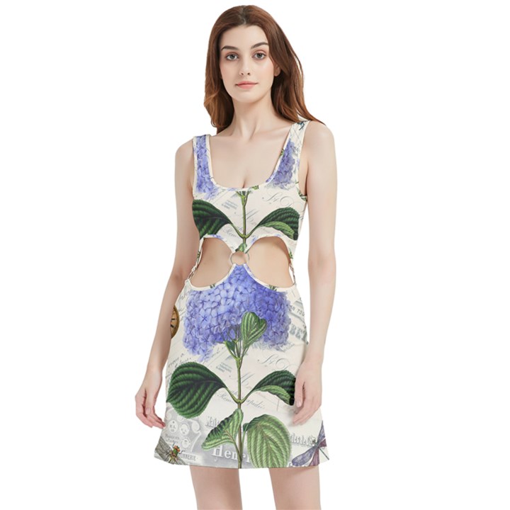 Blue Hydrangea Flower Painting Vintage Shabby Chic Dragonflies Velour Cutout Dress