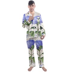 Blue Hydrangea Flower Painting Vintage Shabby Chic Dragonflies Men s Long Sleeve Satin Pajamas Set by danenraven