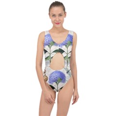 Blue Hydrangea Flower Painting Vintage Shabby Chic Dragonflies Center Cut Out Swimsuit by danenraven