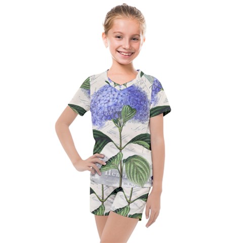 Blue Hydrangea Flower Painting Vintage Shabby Chic Dragonflies Kids  Mesh Tee And Shorts Set by danenraven