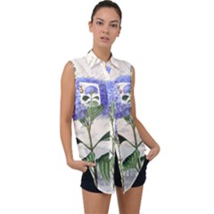 Blue Hydrangea Flower Painting Vintage Shabby Chic Dragonflies Sleeveless Chiffon Button Shirt