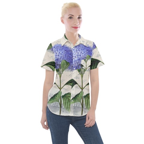 Blue Hydrangea Flower Painting Vintage Shabby Chic Dragonflies Women s Short Sleeve Pocket Shirt by danenraven