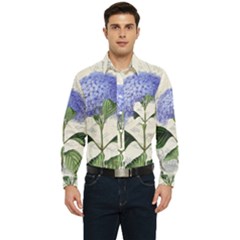 Blue Hydrangea Flower Painting Vintage Shabby Chic Dragonflies Men s Long Sleeve Pocket Shirt  by danenraven