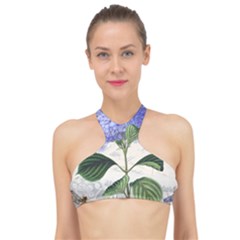 Blue Hydrangea Flower Painting Vintage Shabby Chic Dragonflies High Neck Bikini Top by danenraven