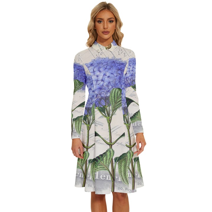 Blue Hydrangea Flower Painting Vintage Shabby Chic Dragonflies Long Sleeve Shirt Collar A-Line Dress