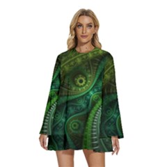 Abstract Pattern Design Art Fabric Decoration Round Neck Long Sleeve Bohemian Style Chiffon Mini Dress