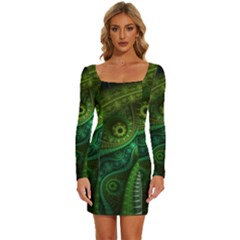 Abstract Pattern Design Art Fabric Decoration Long Sleeve Square Neck Bodycon Velour Dress