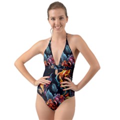 Flowers Flame Abstract Floral Halter Cut-out One Piece Swimsuit by Ravend