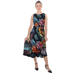 Flowers Flame Abstract Floral Midi Tie-back Chiffon Dress by Ravend