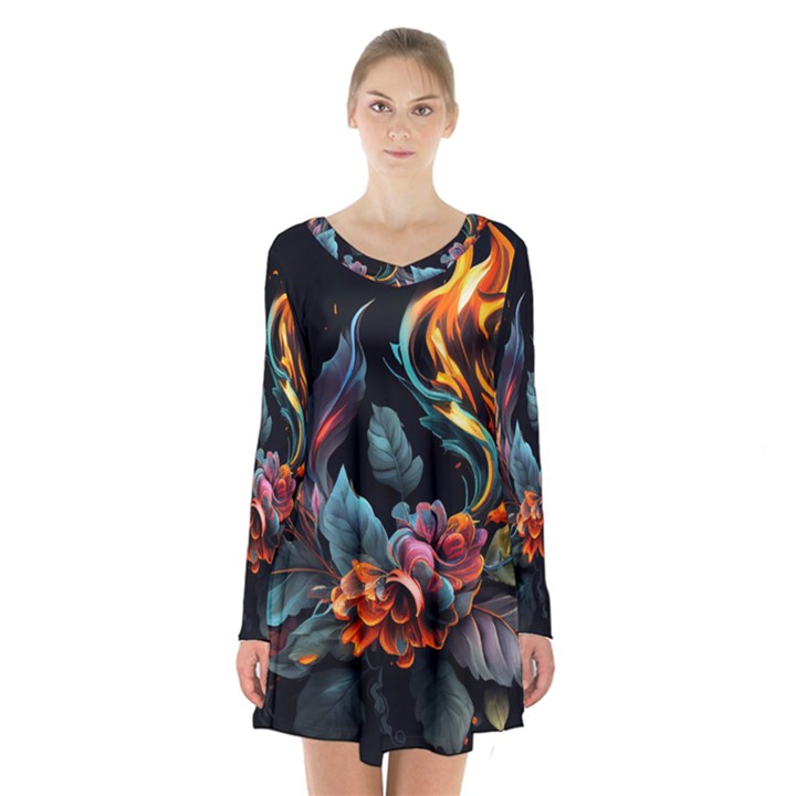 Flowers Flame Abstract Floral Long Sleeve Velvet V-neck Dress