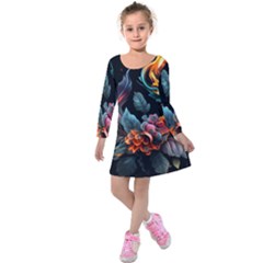 Flowers Flame Abstract Floral Kids  Long Sleeve Velvet Dress by Ravend