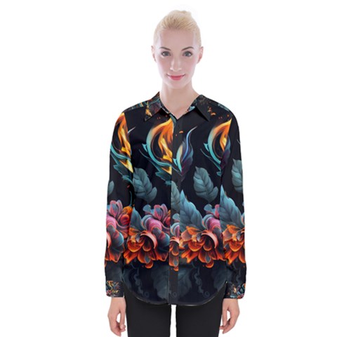 Flowers Flame Abstract Floral Womens Long Sleeve Shirt by Ravend