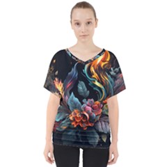 Flowers Flame Abstract Floral V-neck Dolman Drape Top by Ravend