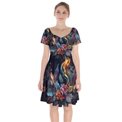 Flowers Flame Abstract Floral Short Sleeve Bardot Dress by Ravend