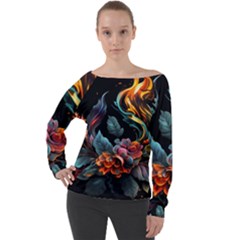 Flowers Flame Abstract Floral Off Shoulder Long Sleeve Velour Top by Ravend