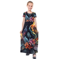 Flowers Flame Abstract Floral Kids  Short Sleeve Maxi Dress by Ravend