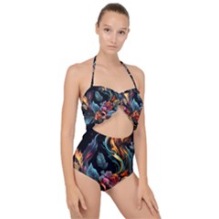 Flowers Flame Abstract Floral Scallop Top Cut Out Swimsuit by Ravend