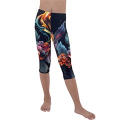 Flowers Flame Abstract Floral Kids  Lightweight Velour Capri Leggings  by Ravend