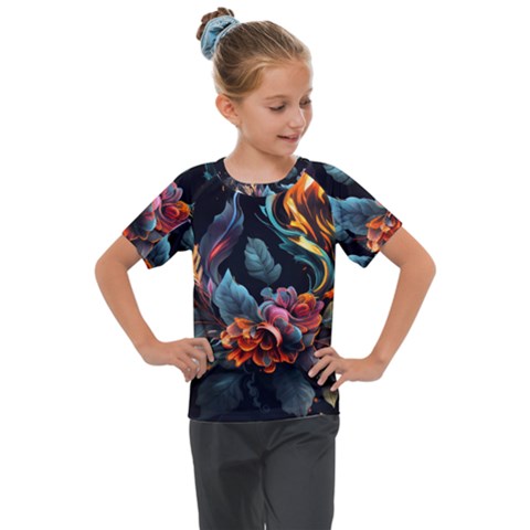 Flowers Flame Abstract Floral Kids  Mesh Piece Tee by Ravend