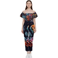 Flowers Flame Abstract Floral Off Shoulder Ruffle Top Jumpsuit