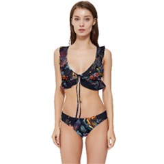 Flowers Flame Abstract Floral Low Cut Ruffle Edge Bikini Set