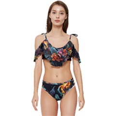 Flowers Flame Abstract Floral Ruffle Edge Tie Up Bikini Set	