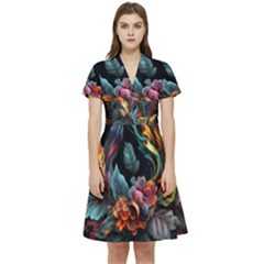 Flowers Flame Abstract Floral Short Sleeve Waist Detail Dress by Ravend