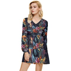 Flowers Flame Abstract Floral Tiered Long Sleeve Mini Dress by Ravend