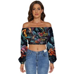 Flowers Flame Abstract Floral Long Sleeve Crinkled Weave Crop Top