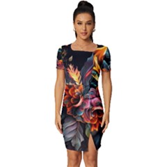 Flowers Flame Abstract Floral Fitted Knot Split End Bodycon Dress